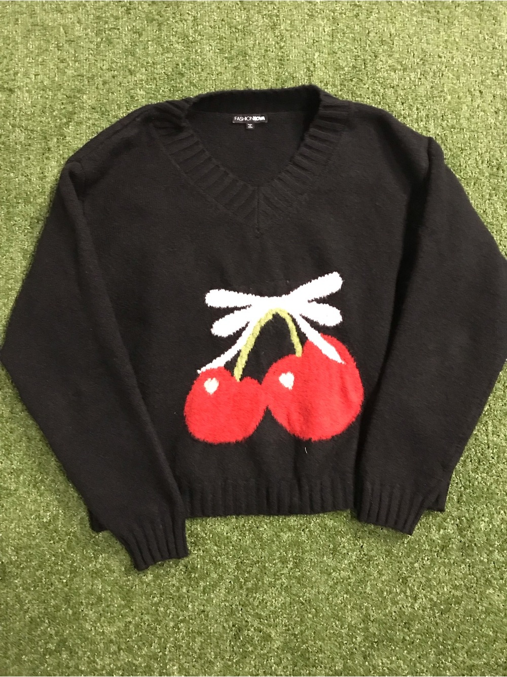 Fashion Nova Black V-Neck Sweater with Red Cherry Graphic and White Bow